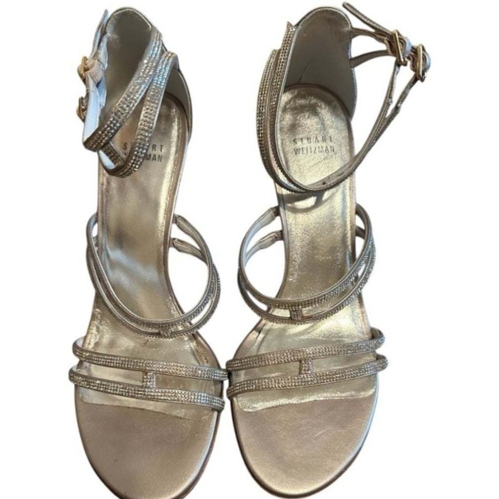 Stuart Weitzman Strappy Sandals Womens Champagne Crystal Stiletto Prom Glam 9.5